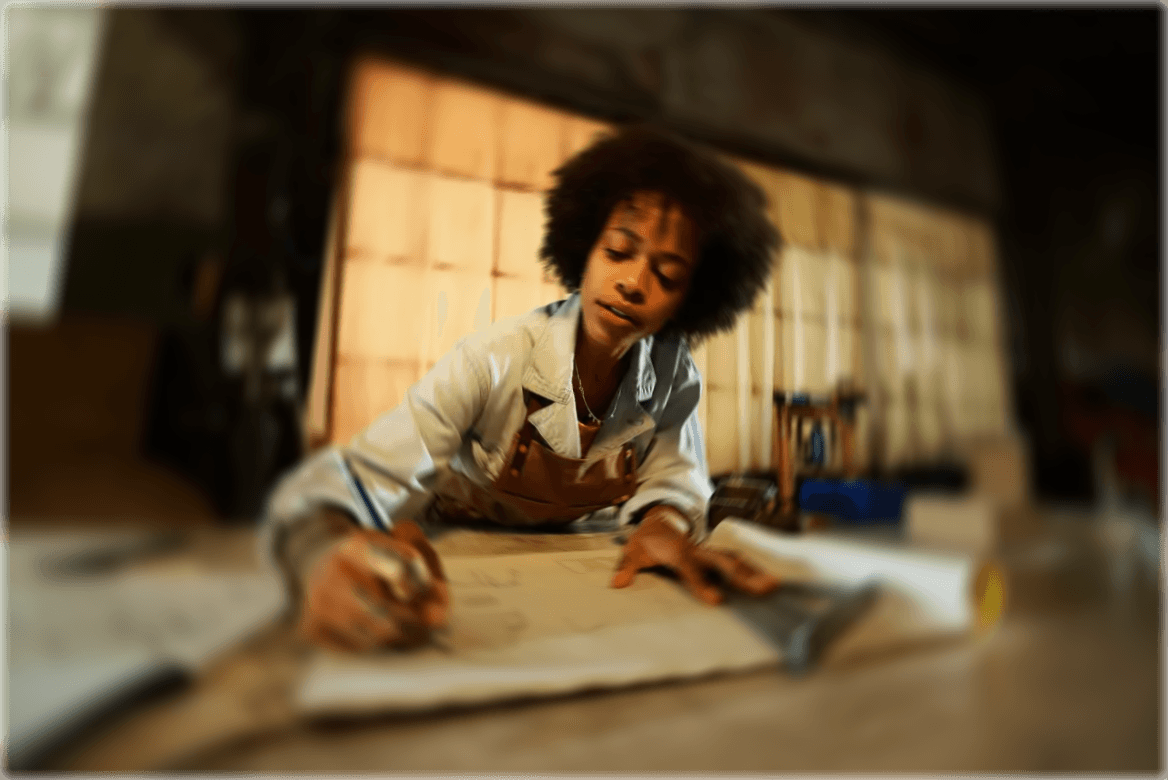 A young maker focused at her workbench, sketching plans by lamplight
